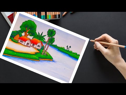 Indian village scenery drawing | village scenery drawing | village drawing easy painting