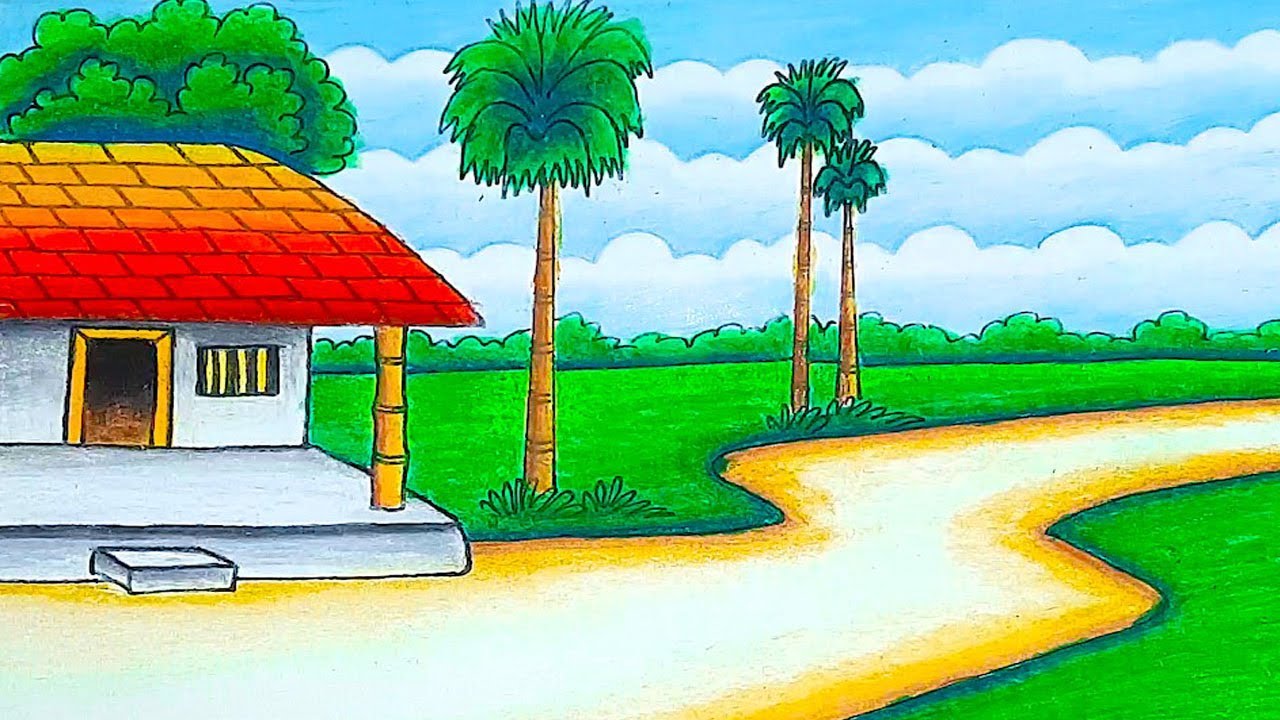 Indian village scenery | landscape drawing |beautiful village scenery drawing with oil pastel color