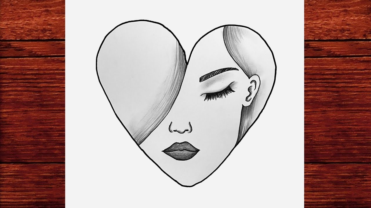 Karakalem Kolay Çizimler - Kalp İçinde Kadın Yüzü Çizimi - Kalp İçinde Üzgün Kız Resmi Adım Adım