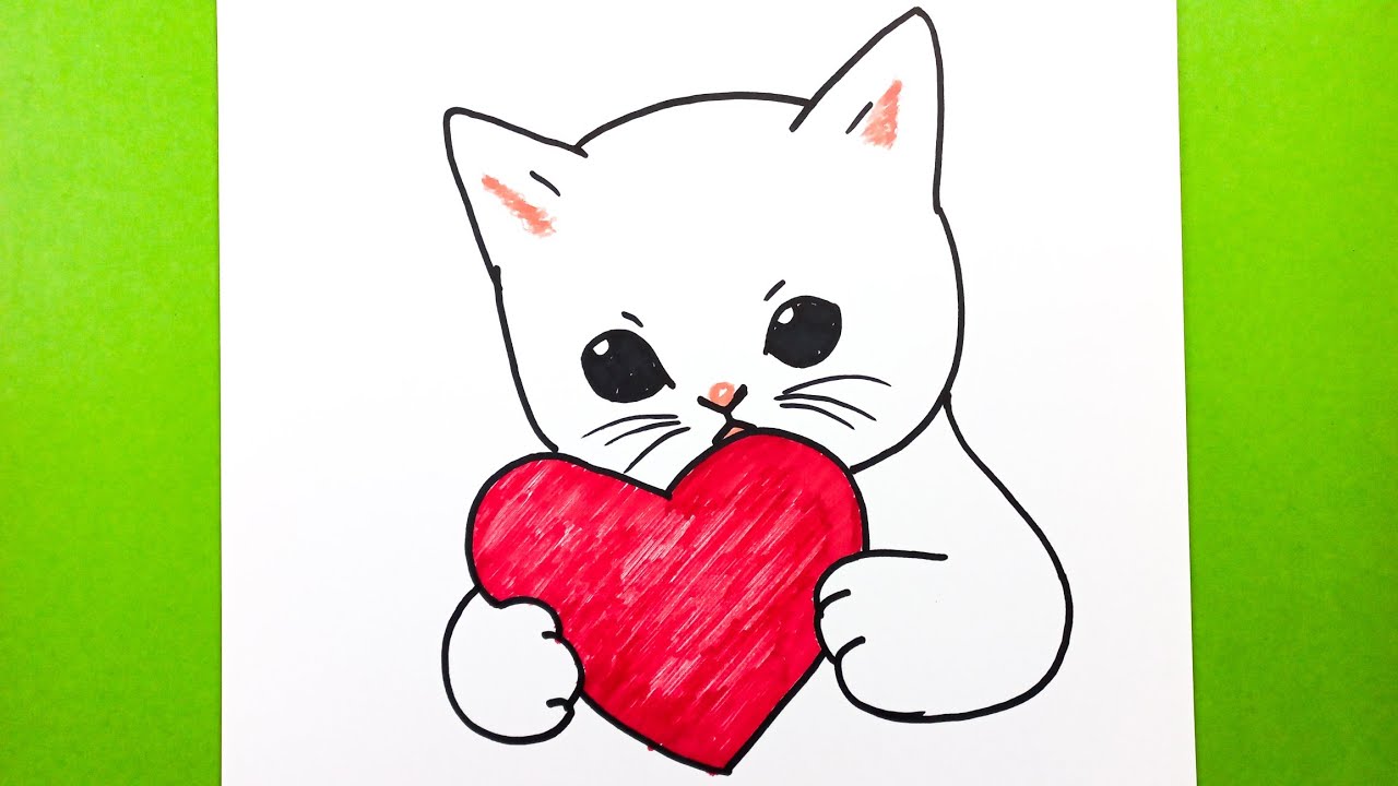 Kedi Nasıl Çizilir, ÇOK KOLAY! Kalp Tutan Sevimli Kedi Çizimi, How to  Draw Cute Cat Very Easy