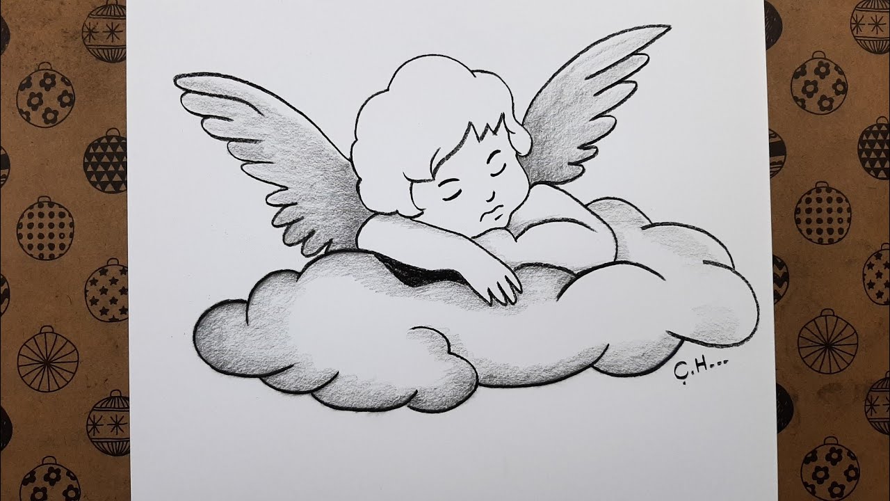 Kolay Karakalem Harika Çizim Fikirleri, Adım Adım Bulut Üzerinde Uyuyan Melek Çocuk Nasıl Çizilir