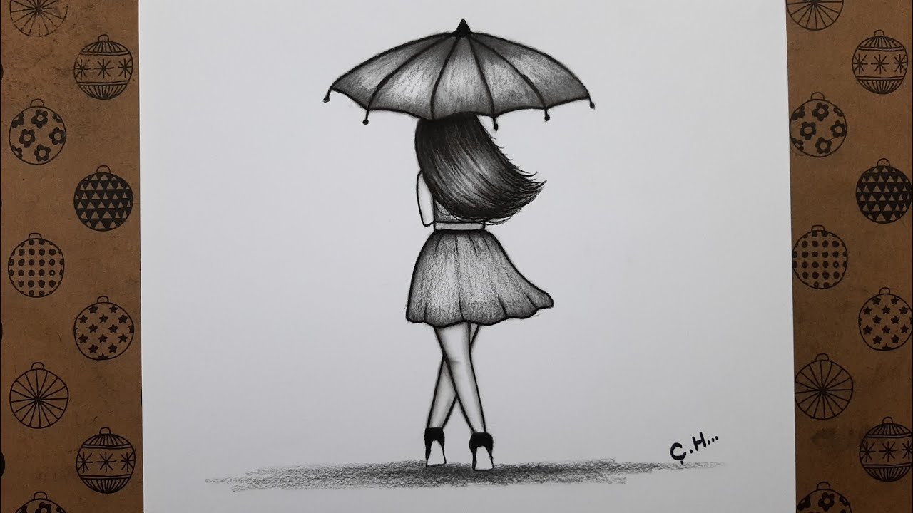 Kolay Şemsiye Tutan Kız Çizimi - Adım Adım Arkası dönük Kız Resmi Nasıl Çizilir - Easy Drawings 2022