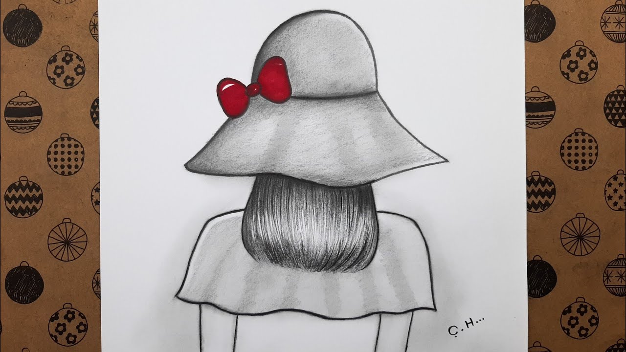 Kolay ve Güzel Arkası Dönük Şapkalı Kız Adım Adım Nasıl Çizilir, Çizim Hobimiz Kolay Çizimleri