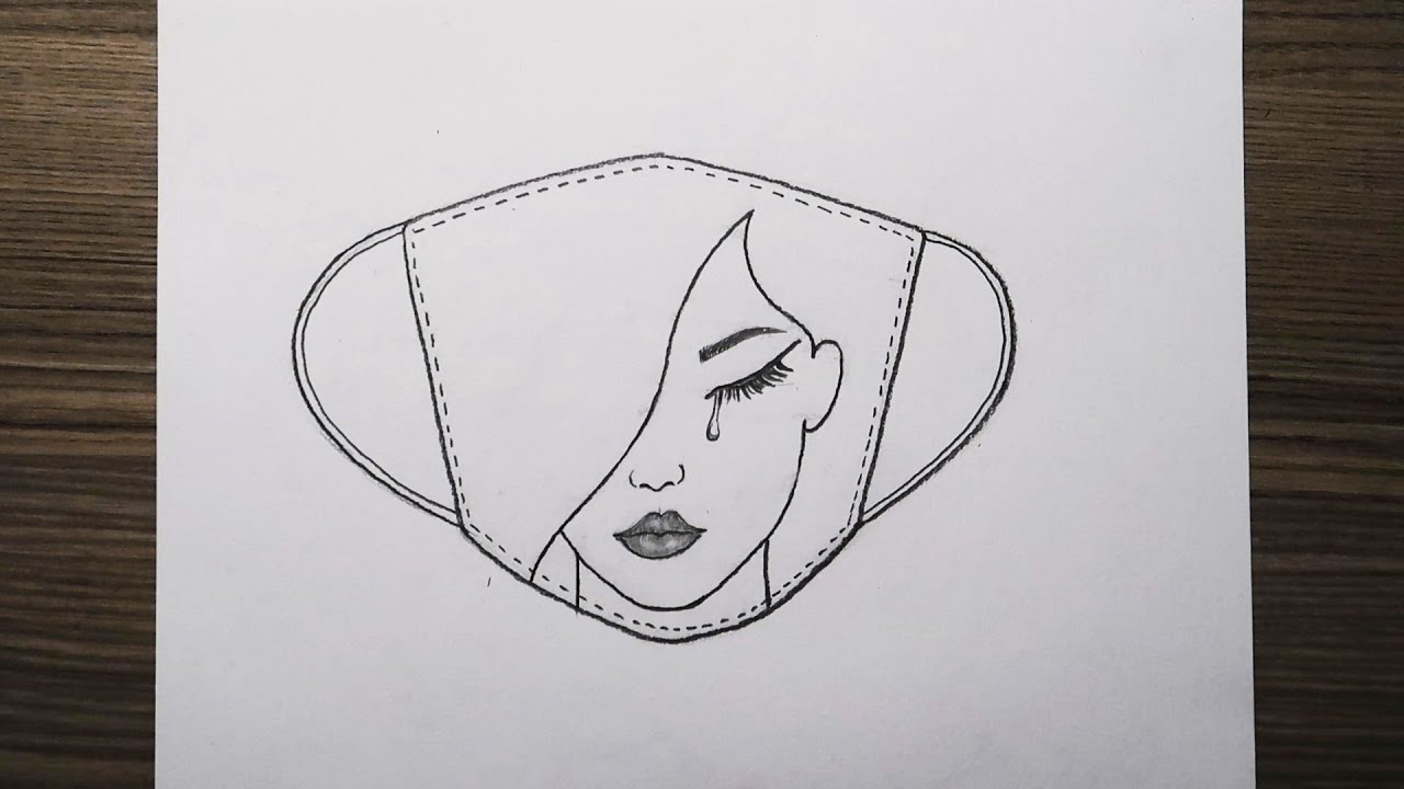 Maske İçine Ağlayan Kız Çizimi / Drawing Girl Crying in a Mask