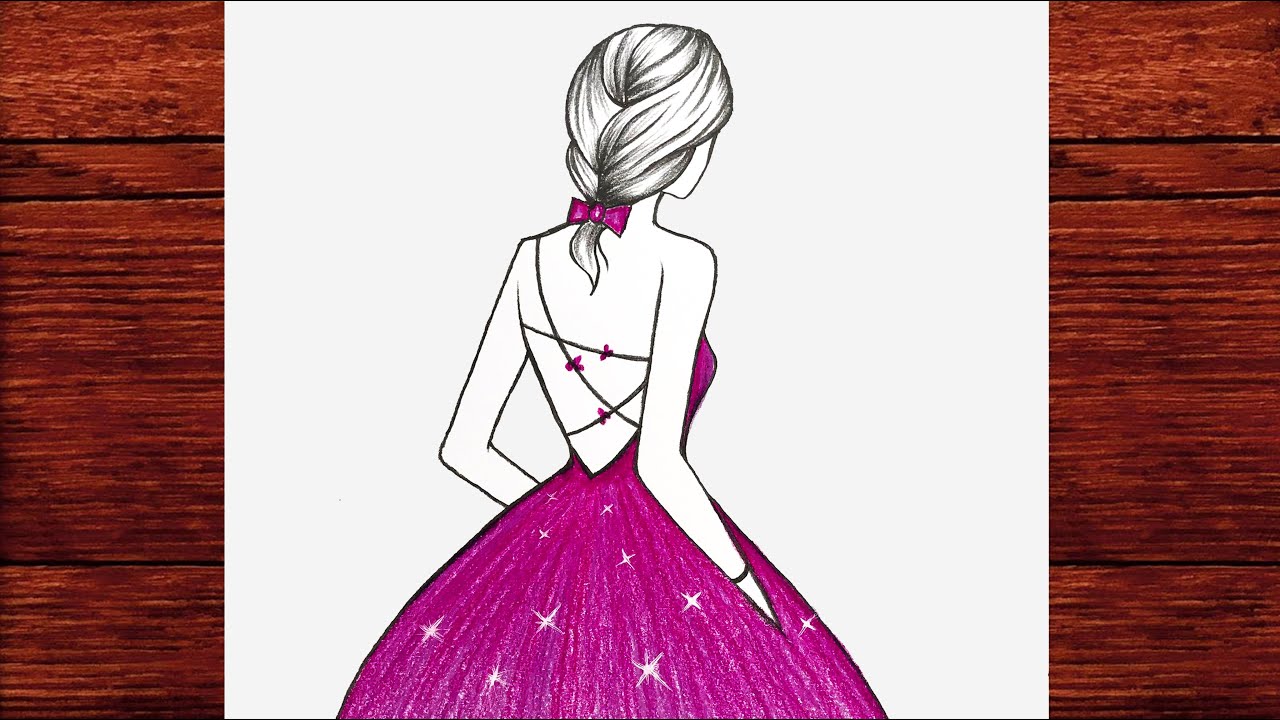 Mor Elbiseli Güzel Bir Kız Çizimi - Arkası Dönük Kız Resmi Çizimi Nasıl Yapılır - Kolay Kız Çizimi