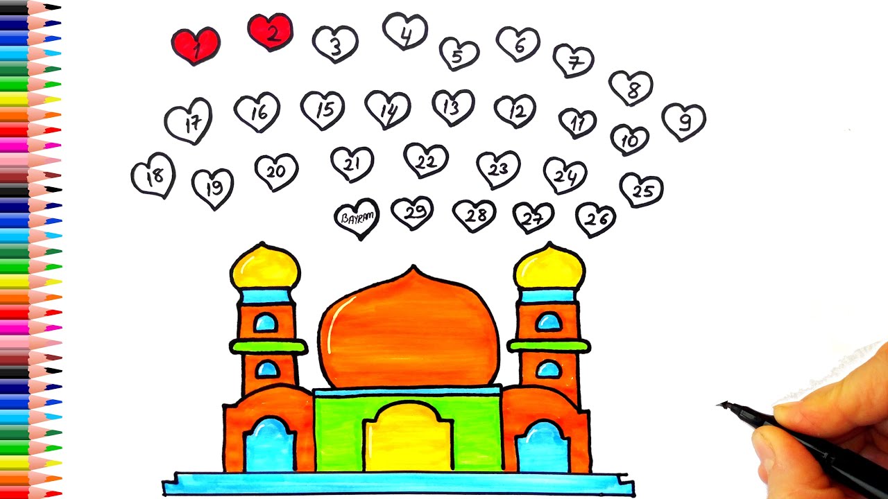 Oruç Tuttuğun Her Güne Bir Kalp Boya Hoşgeldin Ramazan  Ramazan Resmi Çizimi - Cami Çizimi