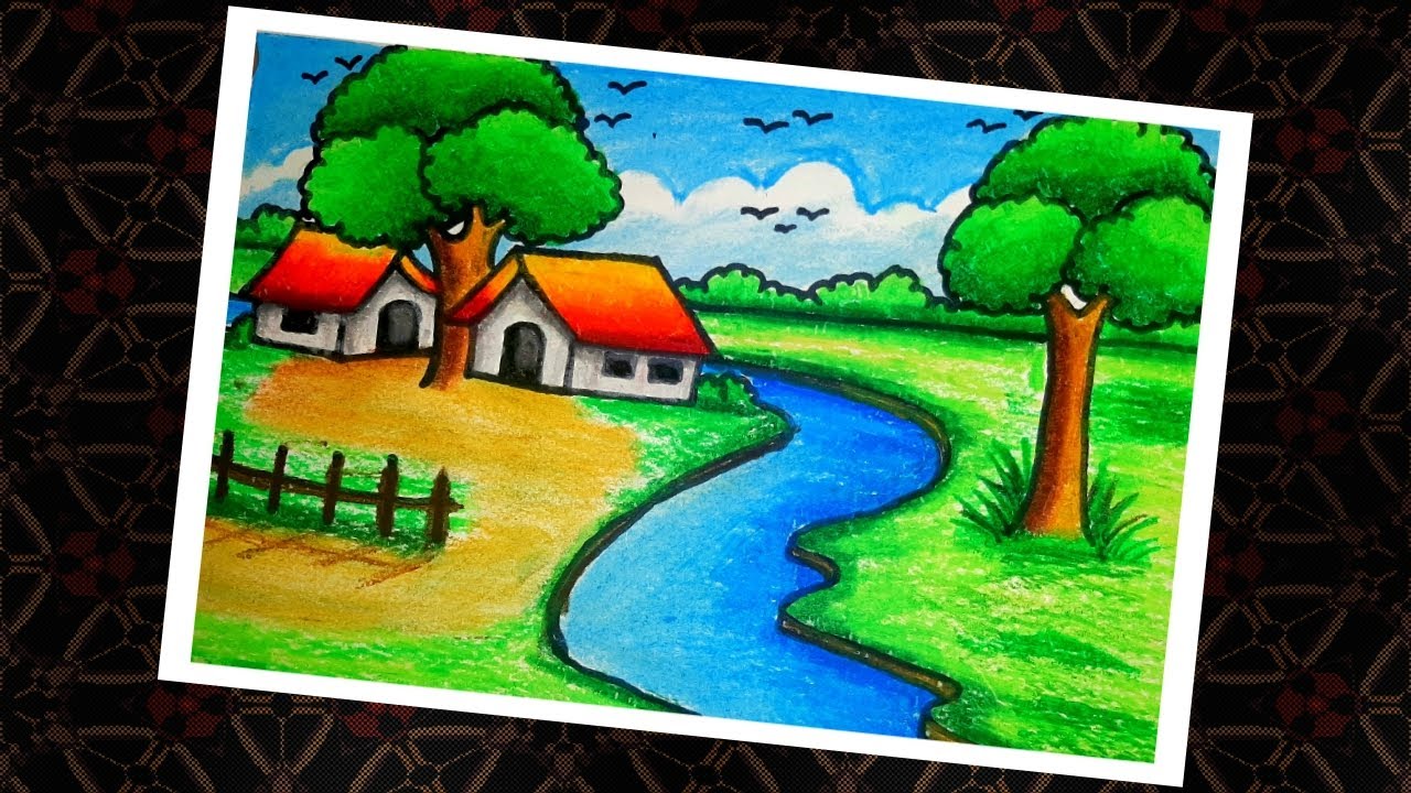 Riverside Village  Scenery Drawing with oil pastel color