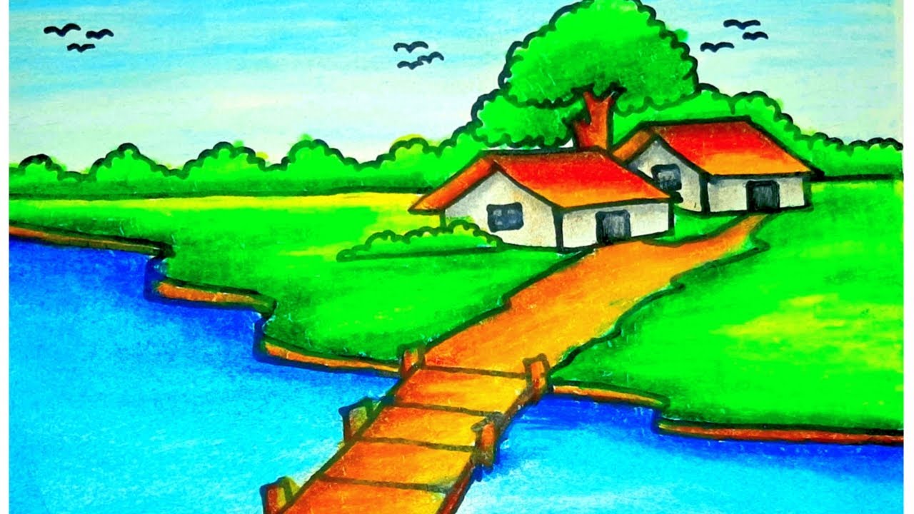 Riverside Village Scenery drawing _very easy || How to Draw Easy scenery of Landscape step by step