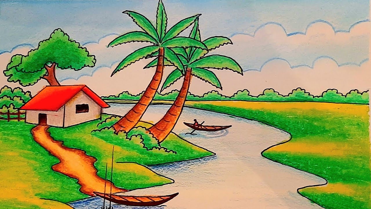 Riverside Village scenery Drawing with oil pastel diamond colour pencil