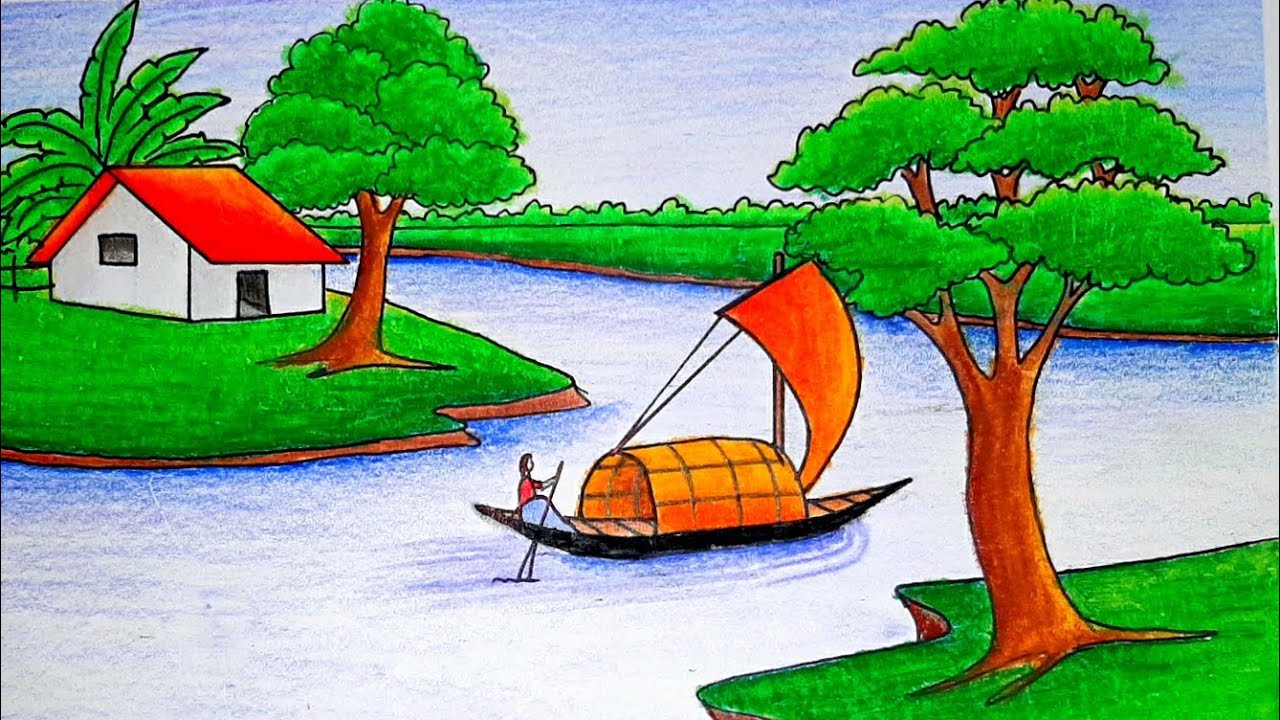 Riverside Village scenery drawing with Boat in the River_How to draw riverside scenery step by step