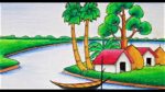 Riverside village drawing beautiful with drawing of nature