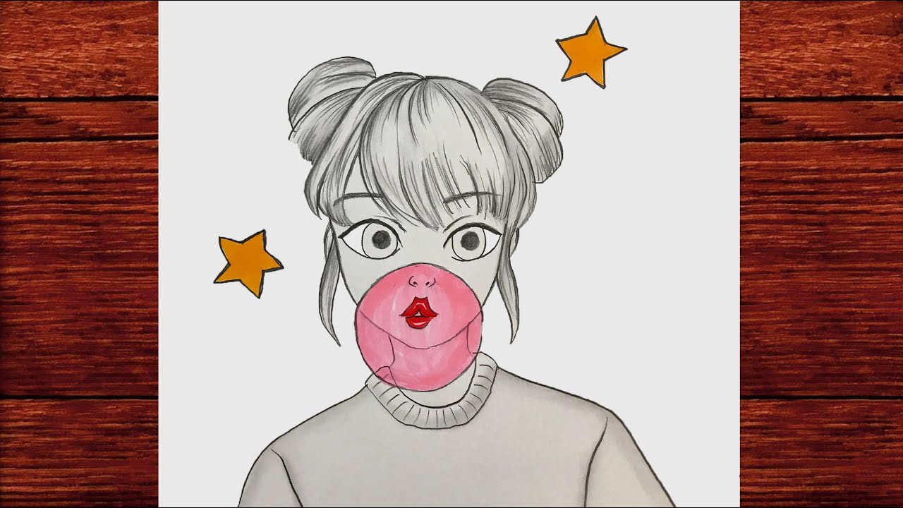 Sakız ile Baloncuk Patlatan Kız Çizimi - Kolay Kız Çizimleri - How to draw a girl blowing bubble gum