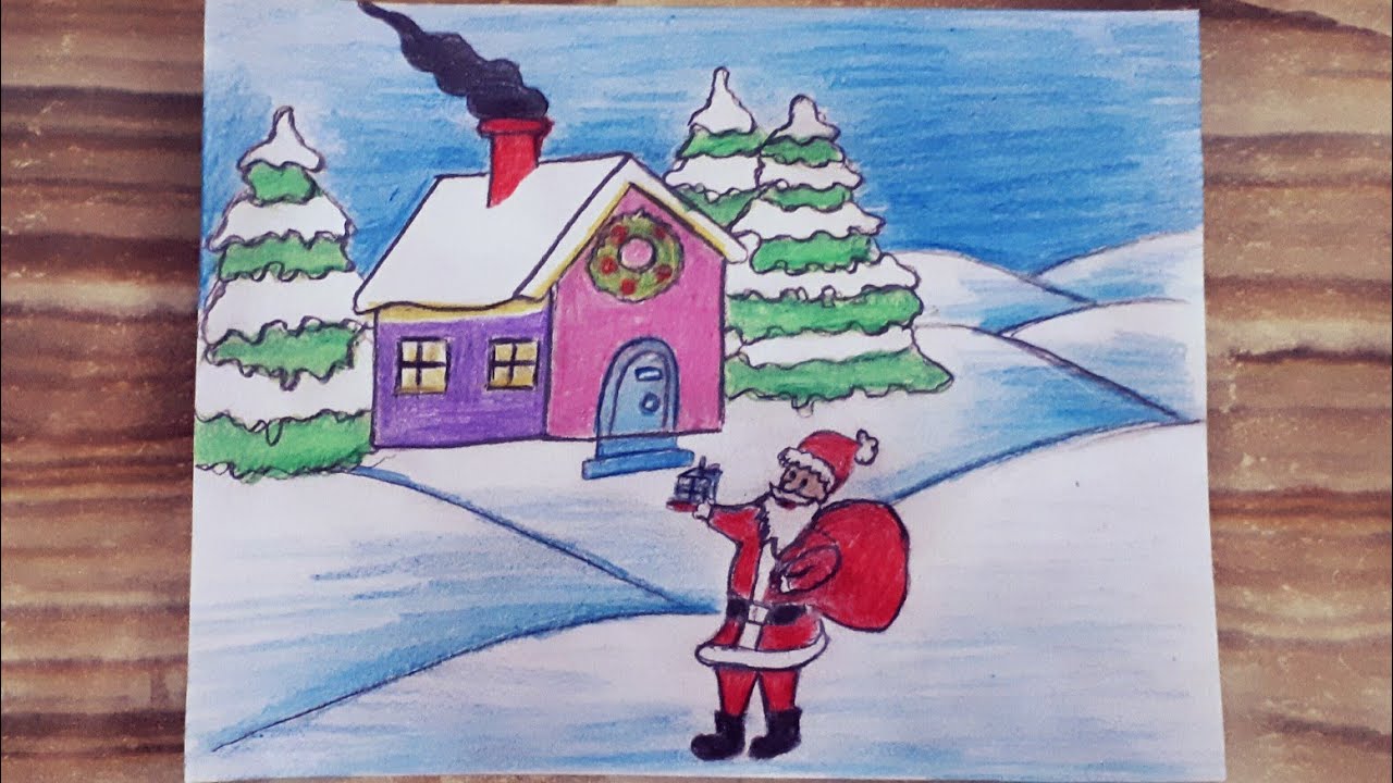 Santa near the house drawing/ Yeni yıl resmi / Noel Baba çizimi @Sebnem ile Cizim Zamani