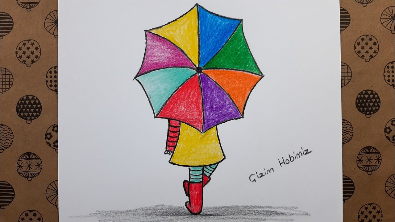 Şemsiyeli Kolay Kız Çizimi ve Boyaması Nasıl Yapılır, Çizim Hobimiz Renkli Kolay Çizimleri