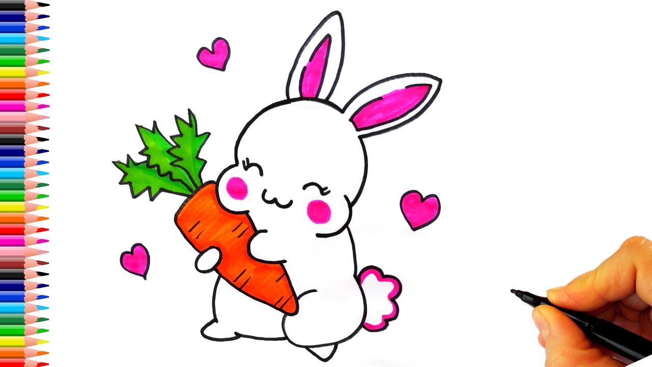 Sevimli Havuç Tutan Tavşan Çizimi - Tavşan Çizimleri - Kolay Çizimler