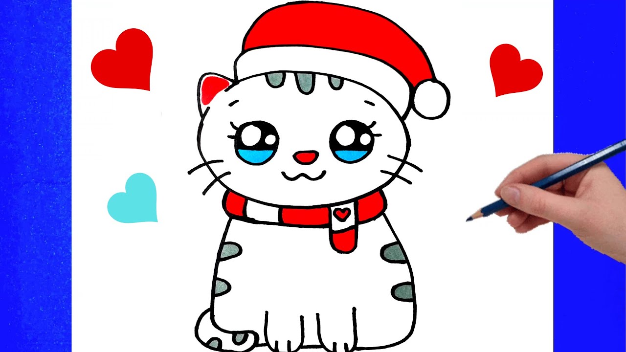 Sevimli Kedi Çizimi - Kolay Kedi Çizimi - Kedi Nasıl Çizilir - Yılbaşı Şapkası Takan Kedi Çizimi