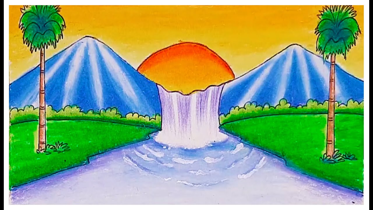 Sunset Drawing - How to Draw Beautiful sunset Scenery with waterfall ( Mountain Sunset Drawing )