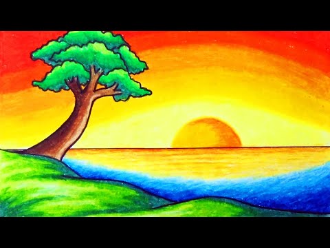 Super Easy Nature Scenery Drawing for Beginners | How to Draw Simple Scenery of Sunset Step by Step