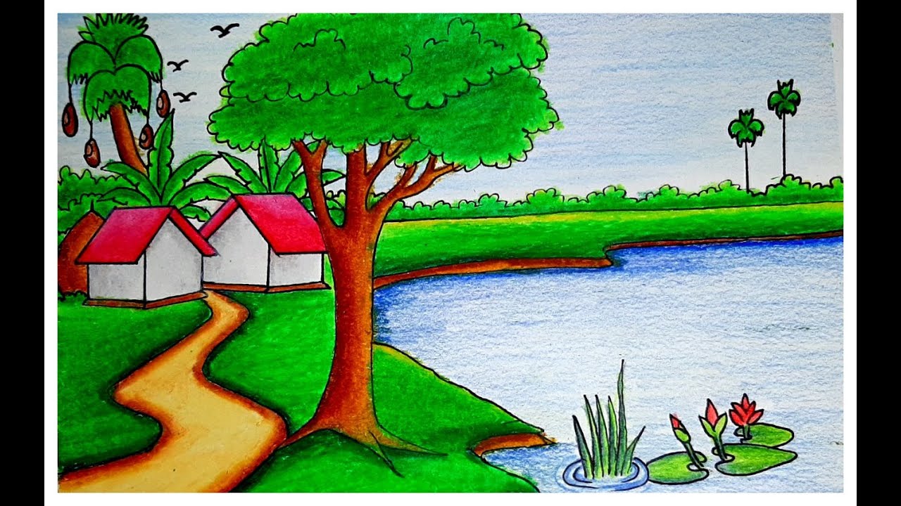 Village Drawing | Easy Drawing | How to Draw a Riverside Village Scenery | Beautiful Village Drawing