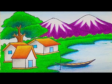 Village drawing with Hill Drawing beautiful Riverside village scenery with Nature /Landscape drawing