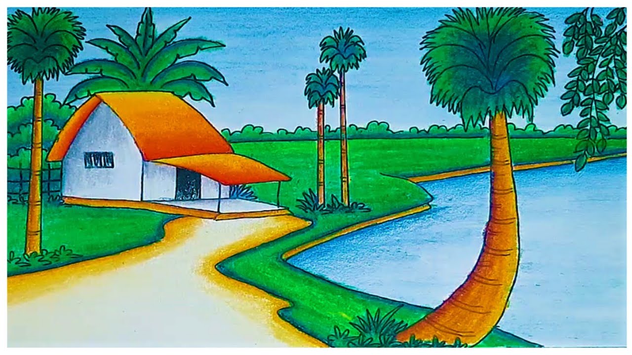 Village scenery drawing with oil pastels | How to draw village house step by step draw village house