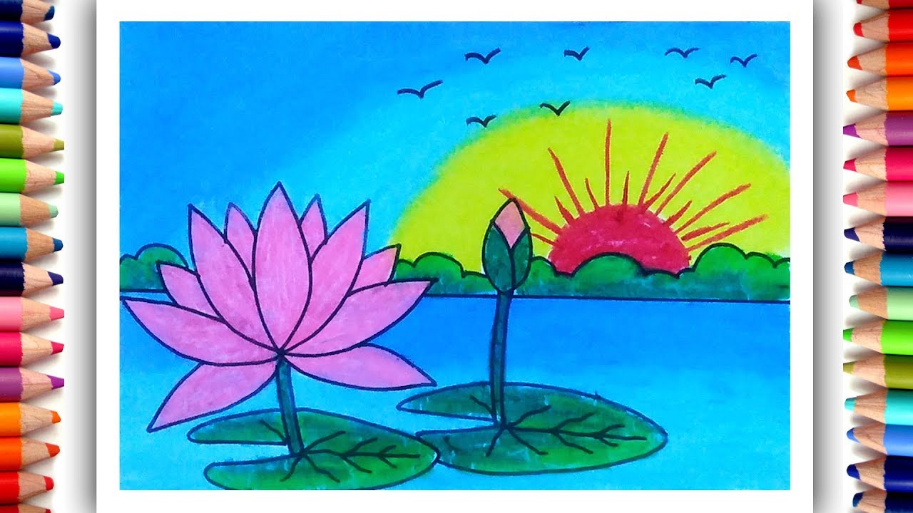 Water lily drawing step by step, How to draw easy scenery for beginners