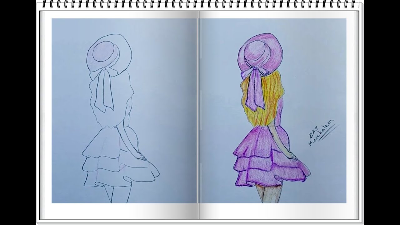 Yeni başlayanlar için karakalem çizimi - Pembe Elbiseli Kız Resmi - Kolay Kız Çizimi