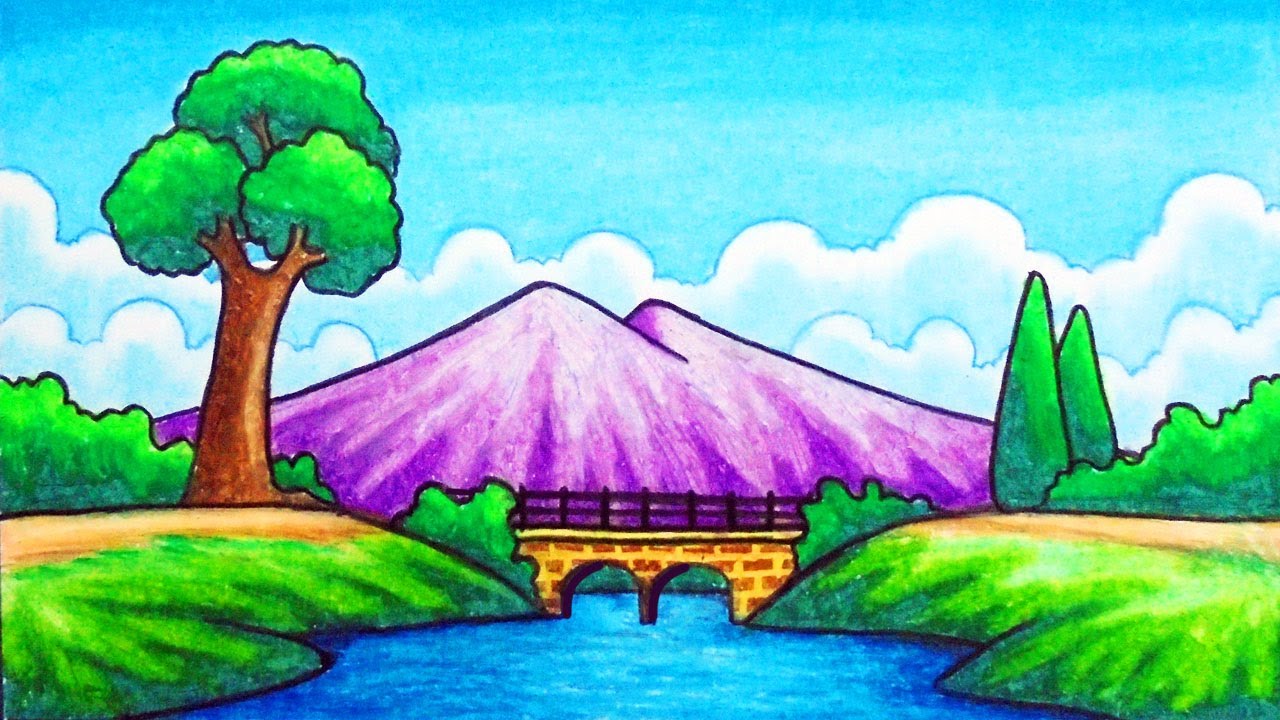 easy mountain scenery drawing | how to draw scenery of mountain river and bridge with oil pastels
