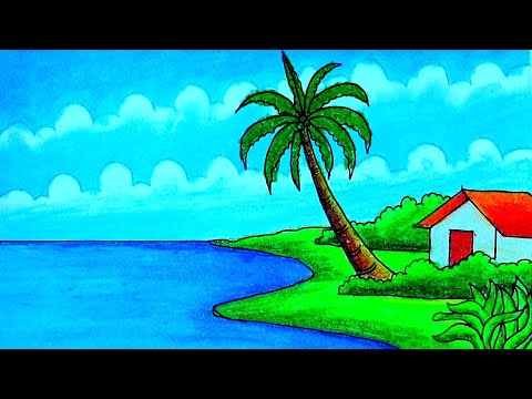 how to draw a beach / beach scenery drawing
