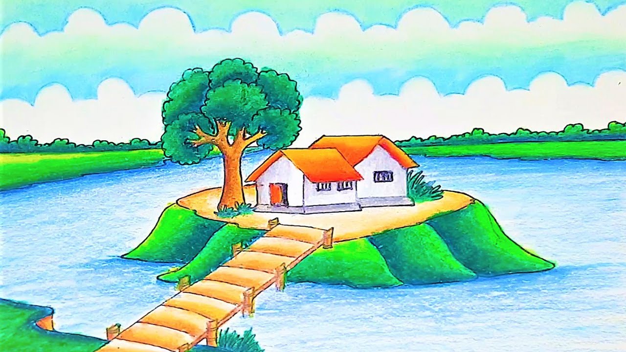 how to draw a village scenery of beautiful nature step by step