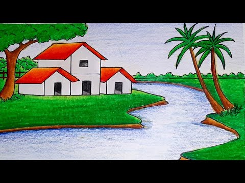 how to draw a village scenery with oil pastel colour