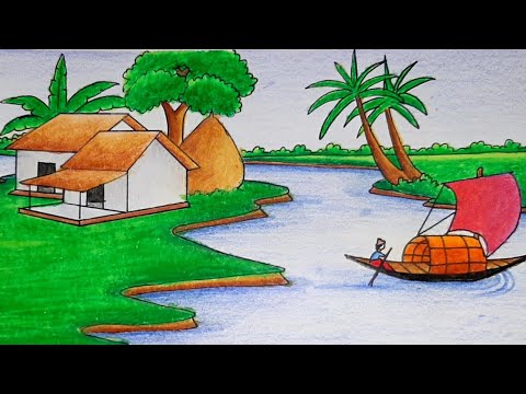 how to draw beautiful village scenery riverside house scenery step by step