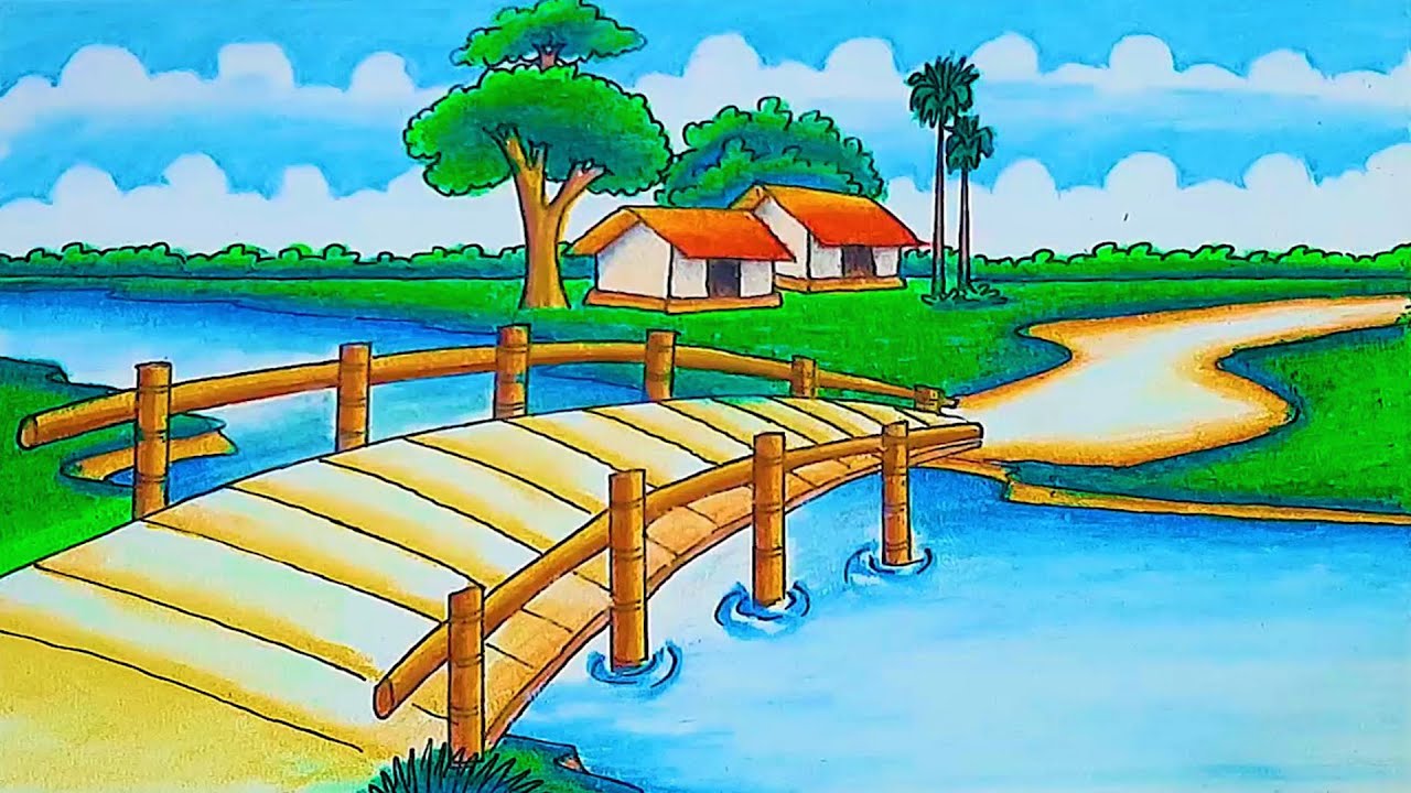 how to draw riverside village scenery drawing village scenery with oil pastel painting