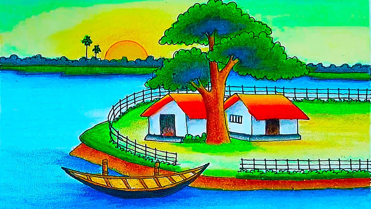 how to draw riverside village scenery step by step drawing sunset scenery with oil pastel