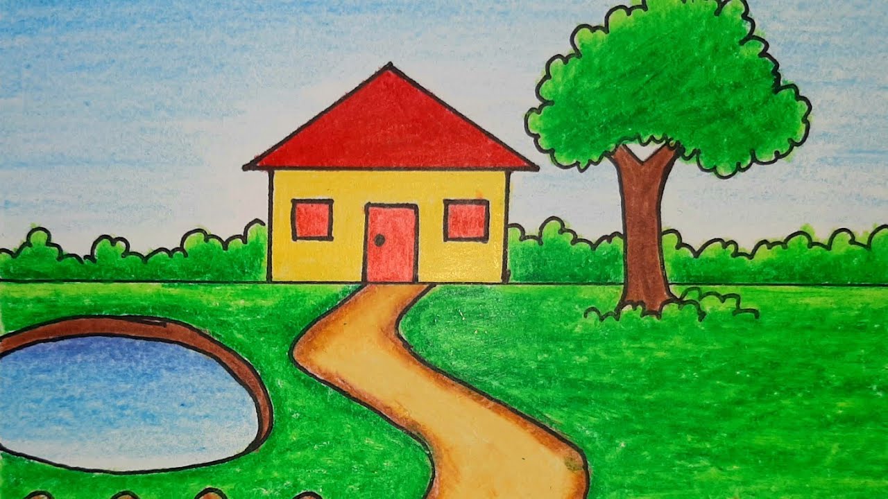 how to draw simple scenery drawing for beginner