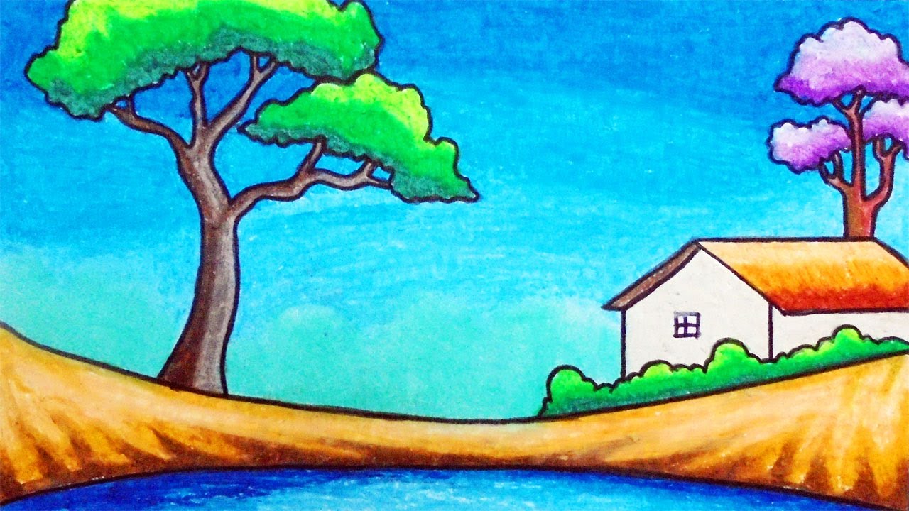 how to draw very easy scenery for kids With Oil Pastel | Drawing Simple Scenery