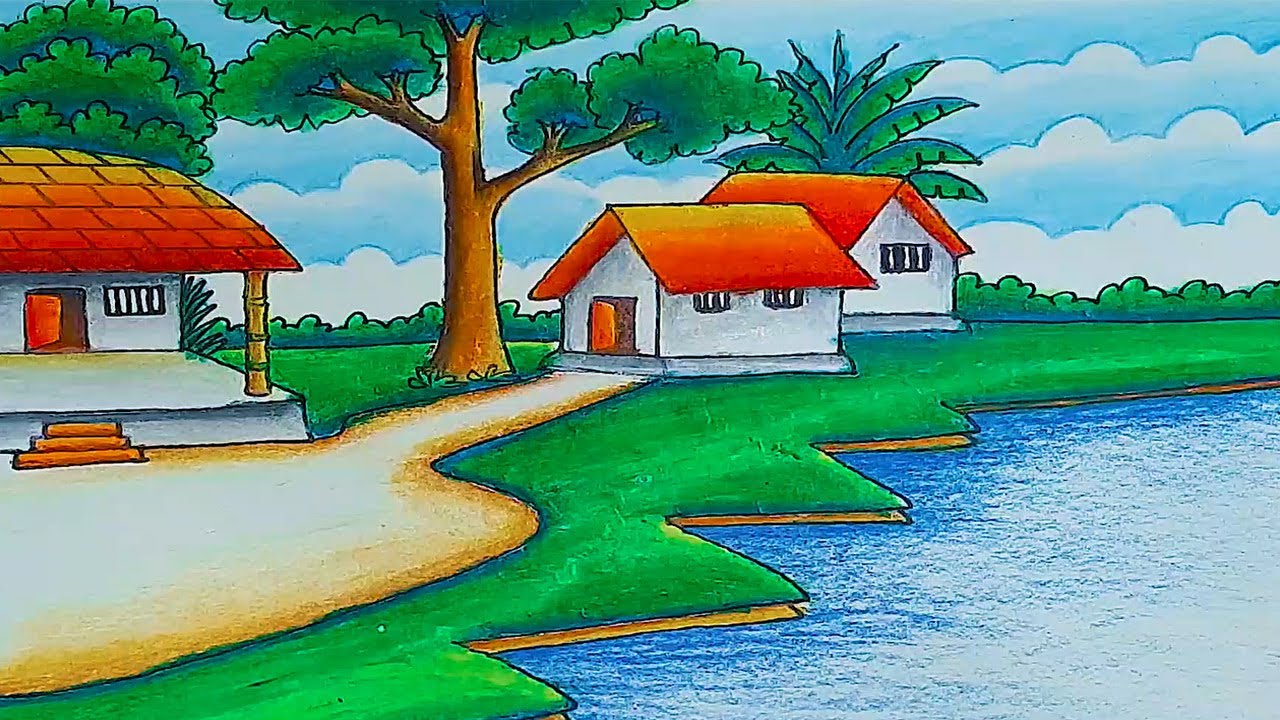 how to draw village scenery near riverside scenery of beautiful nature step by step