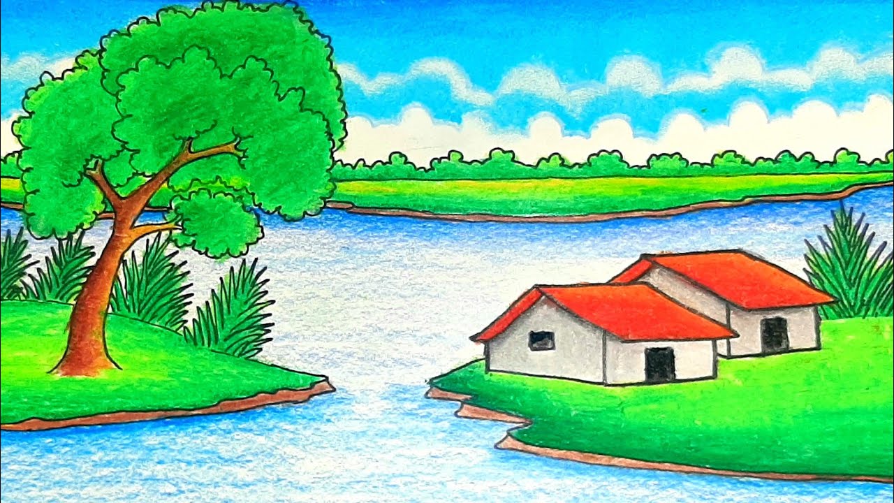 how to draw village scenery step by step very easy, landscape drawing for beginners ,easy drawing,