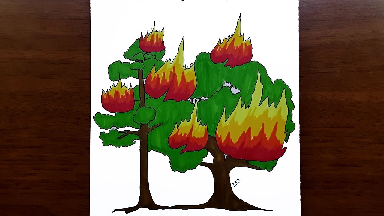 kolay orman çizimi - orman yangını resmi nasıl çizilir   #türkiyeyanıyor
