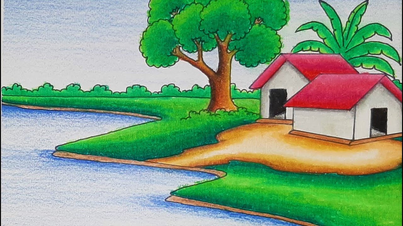village drawing ||village drawing easy |  riverside scenery drawing_landscape drawing easy beautiful