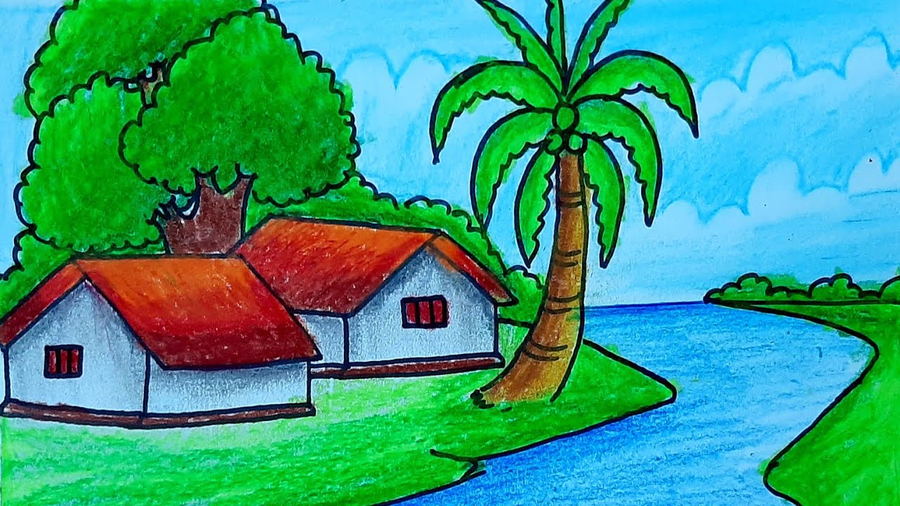village scenery drawing step by step | easy scenery drawing for beginners