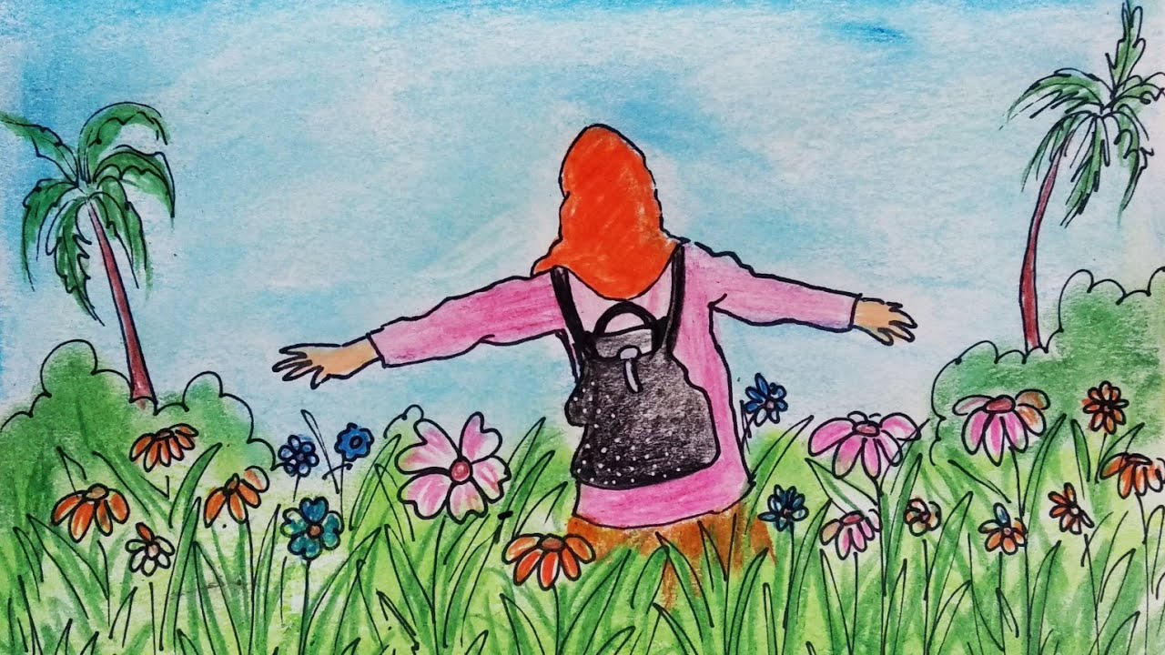 How to draw a girl standing in a garden // Flower garden scenery with a girl