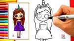 Aprende a dibujar una NIÑA UNICORNIO Kawaii con Brillantina y Vestido Morado