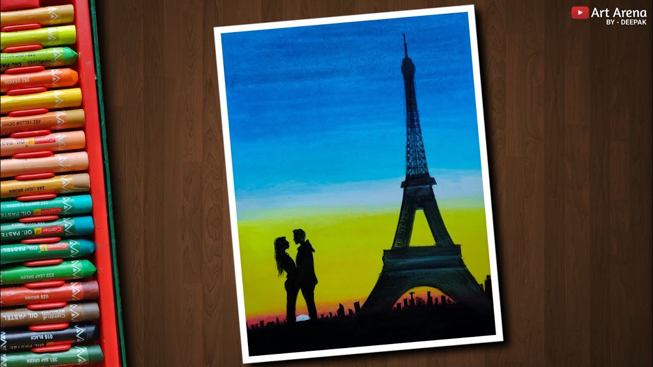 Eiffel Tower sunset scenery Drawing with Oil Pastels