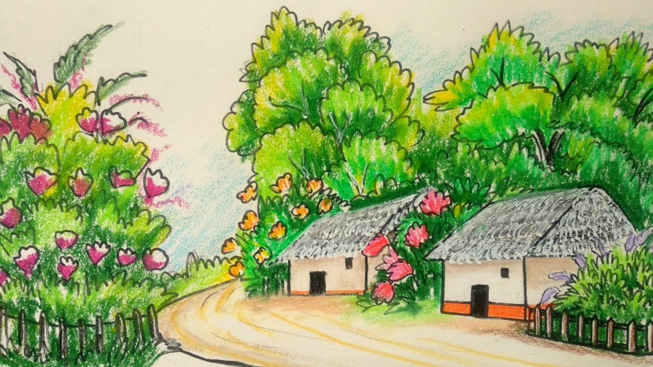 How to Draw A Easy Village Scenery  // Spring Season Scenery Drawing