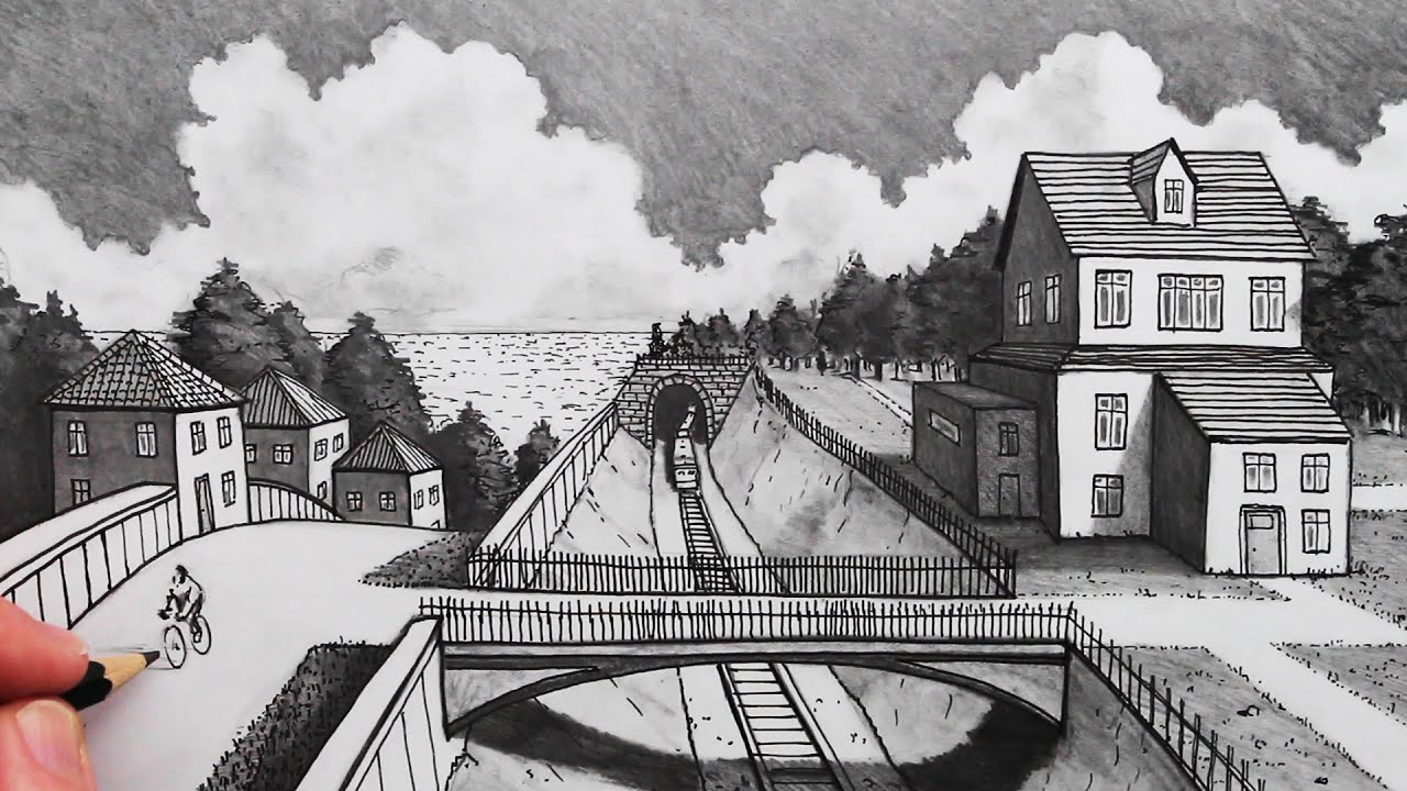 How to Draw a Train Track and Bridge in 1-Point Perspective: Fast