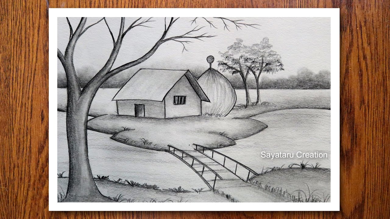 How to Draw a Village Scenery with pencil - Bridge Scenery Drawing for beginners
