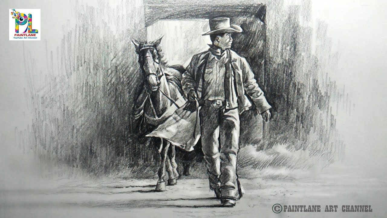 How to Draw and Shade Cowboy Walk With A Horse With PENCIL | Step by Step