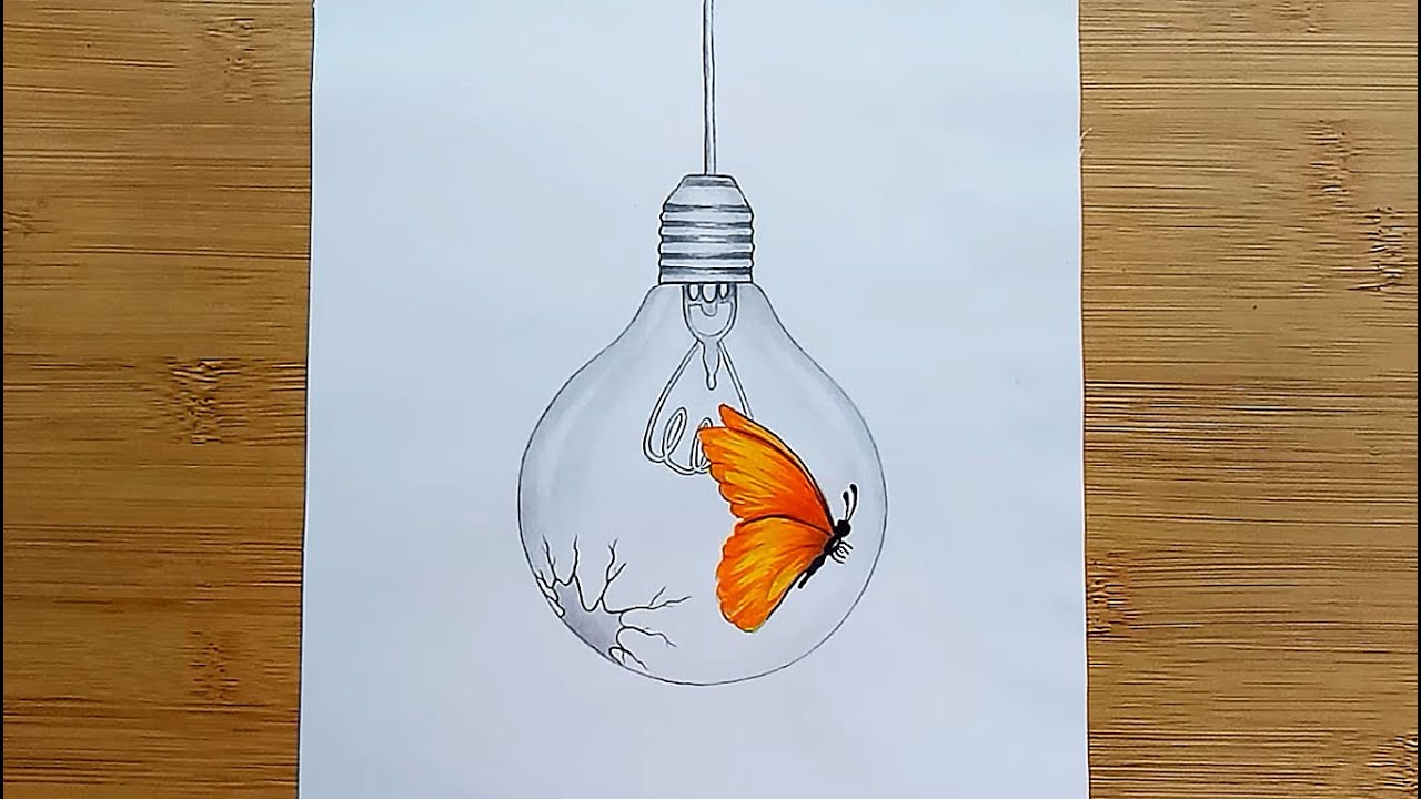 How to draw a little Butterfly inside bulb || Easy pencil sketch for beginners || Creative Drawing
