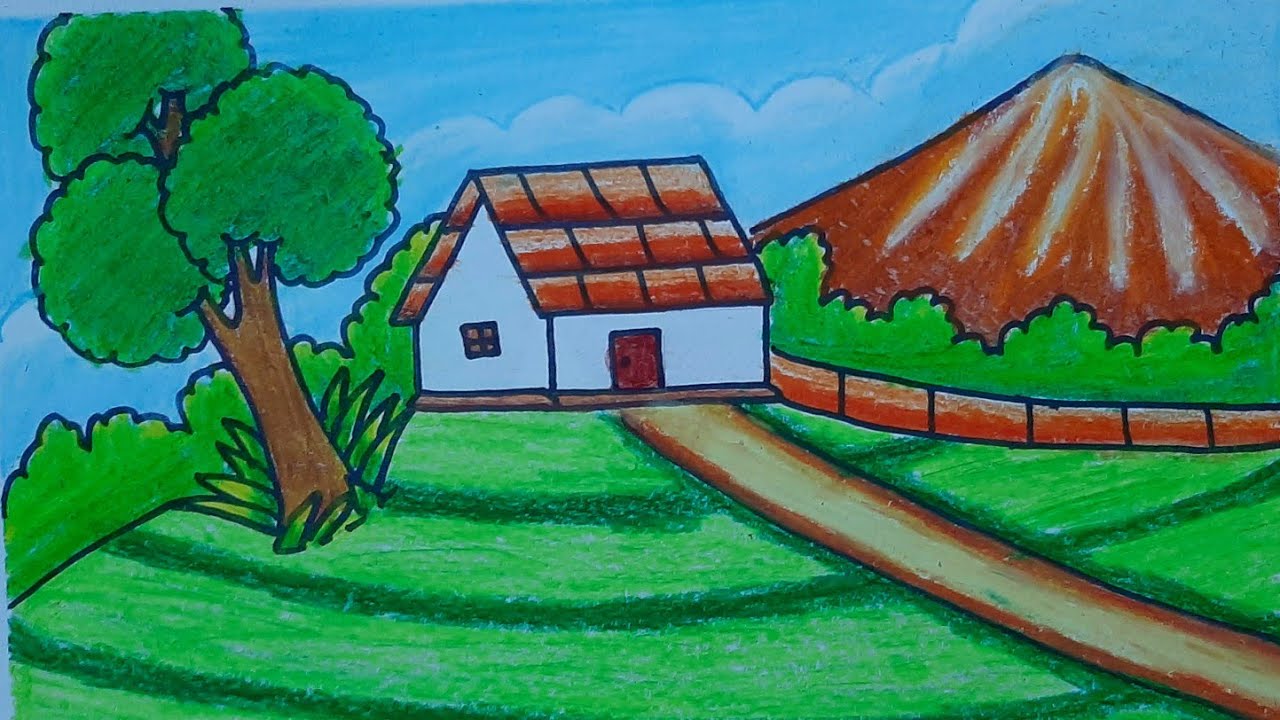 How to draw easy landscape scenery with oil pastel color step by step drawing
